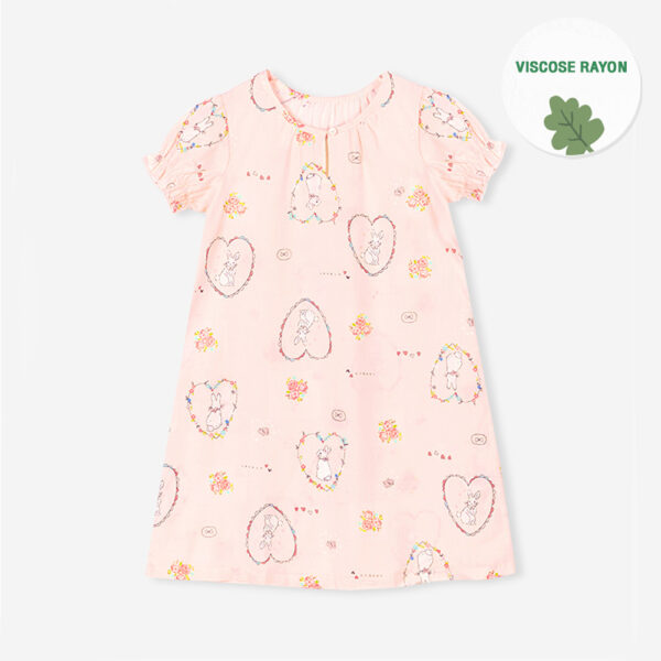 ชุดนอนกระโปรงเด็ก One piece pajamas kids Heart Rabbit (Coral)